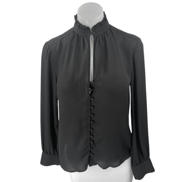 MNG Mango Black Long Sleeve Keyhole Ruffle Button Down Blouse Shirt Top Size 4 - Picture 1 of 3